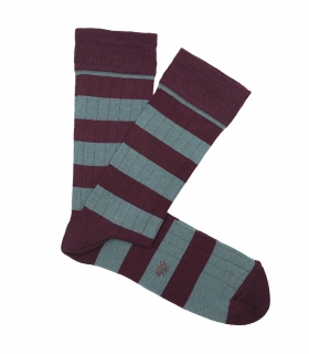 Burgundy And Light Blue Striped Ribbed Socks