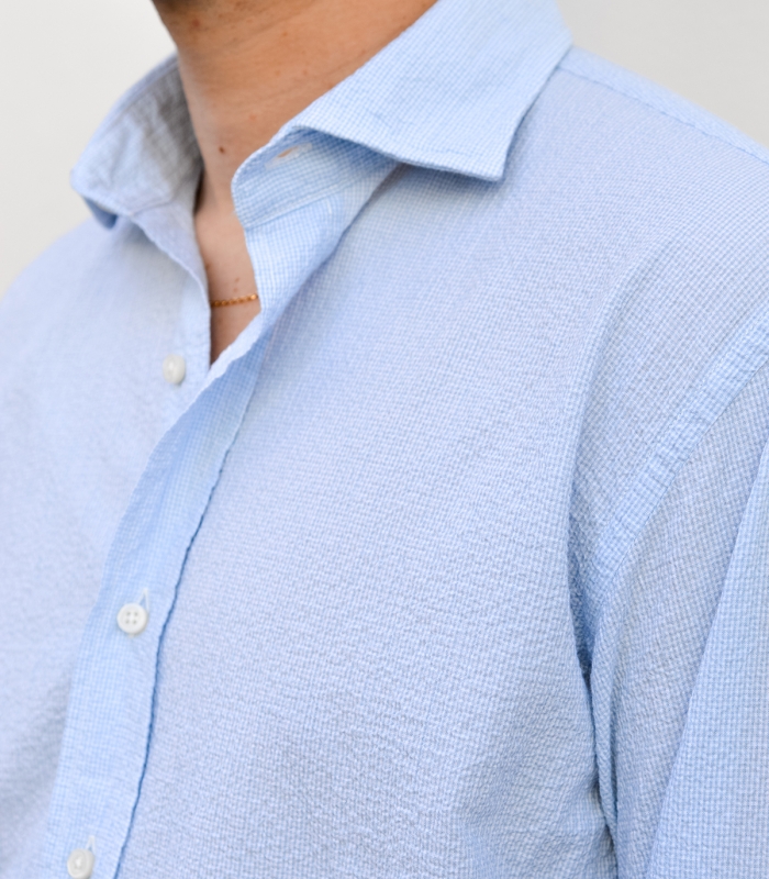 camisa para hombre hook tejido mil rayas azul cuello sin botones