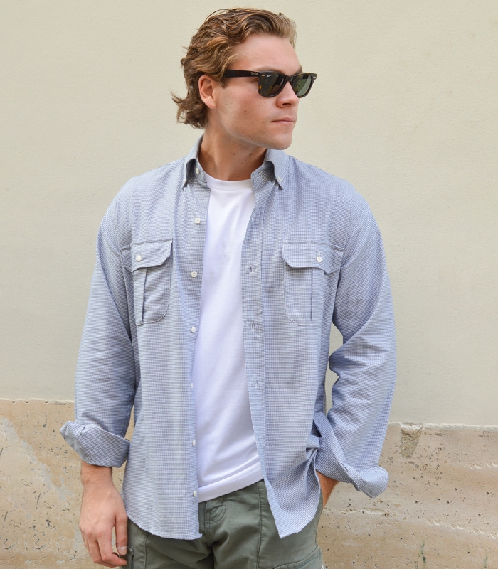 Camisa Azul Pata de Gallo Bolsillos Cuello Con Botón Hombre