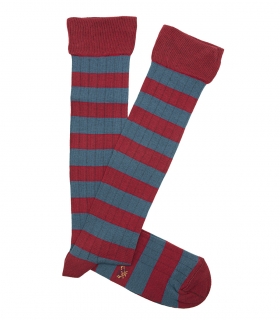 Light Blue and Red Striped Ribbed Knee High Socks