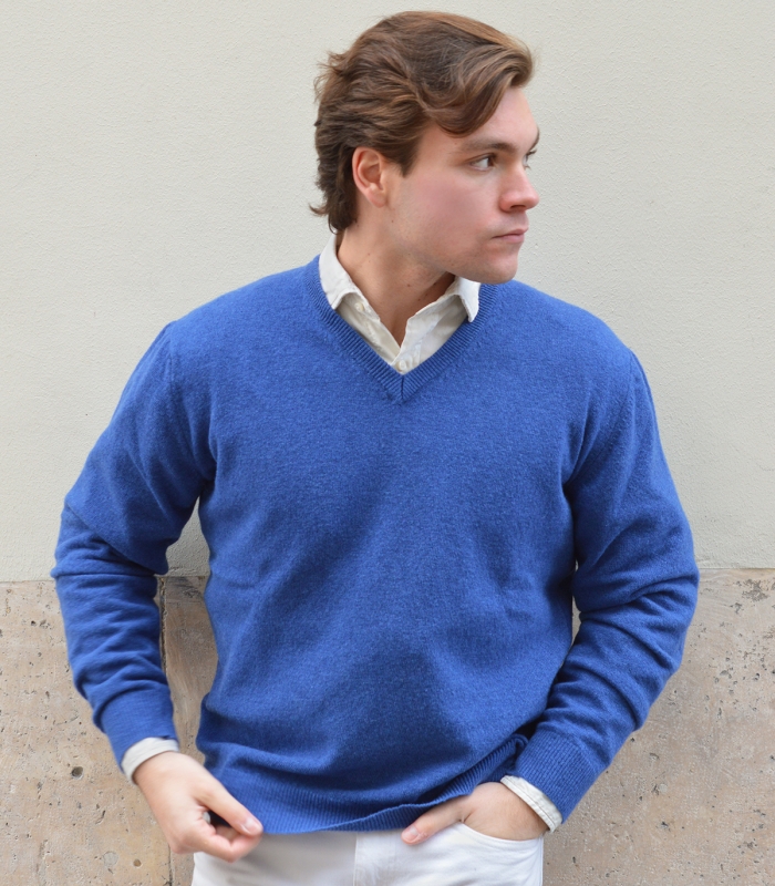 Jersey Cuello Pico 100% Lana Azul