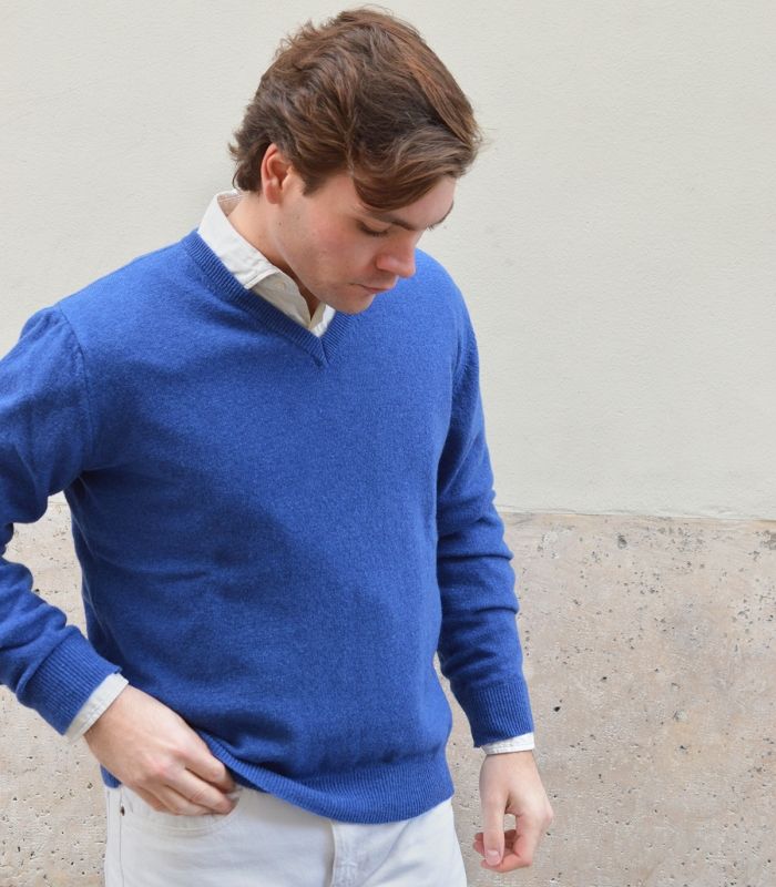 Jersey Cuello Pico 100% Lana Azul