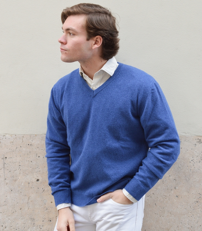 Jersey Cuello Pico 100% Lana Azul