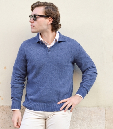 Medium Blue Cashmere Wool Polo Sweater