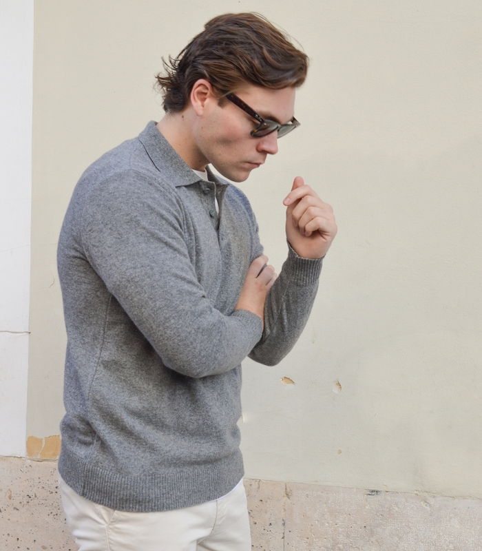 Grey Cashmere Wool Polo Sweater