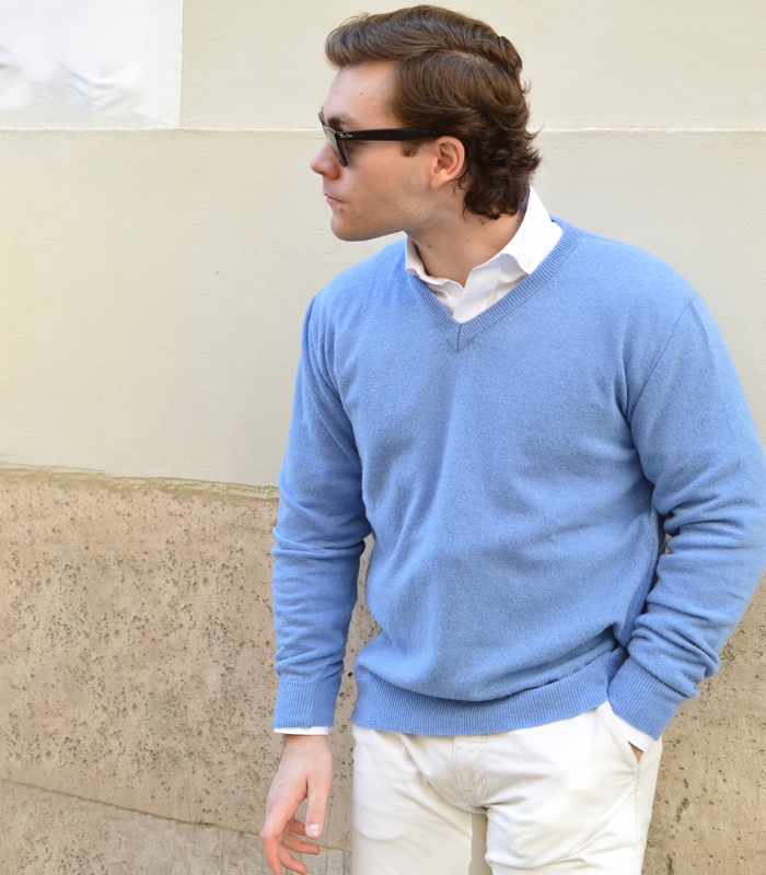 Light Blue V-Neck Sweater 100% Wool
