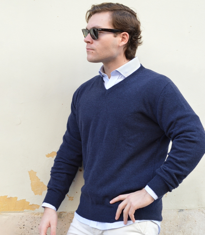 Blue V-neck Sweater 100% Wool