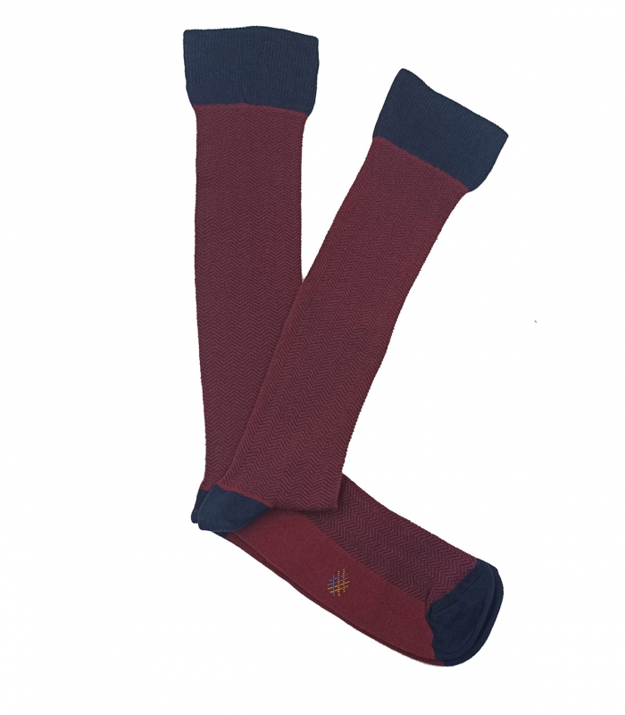 Burgundy And Blue Herringbone High Socks