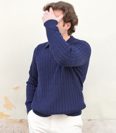 HOOK Blue Cable Knit Polo Neck Sweater