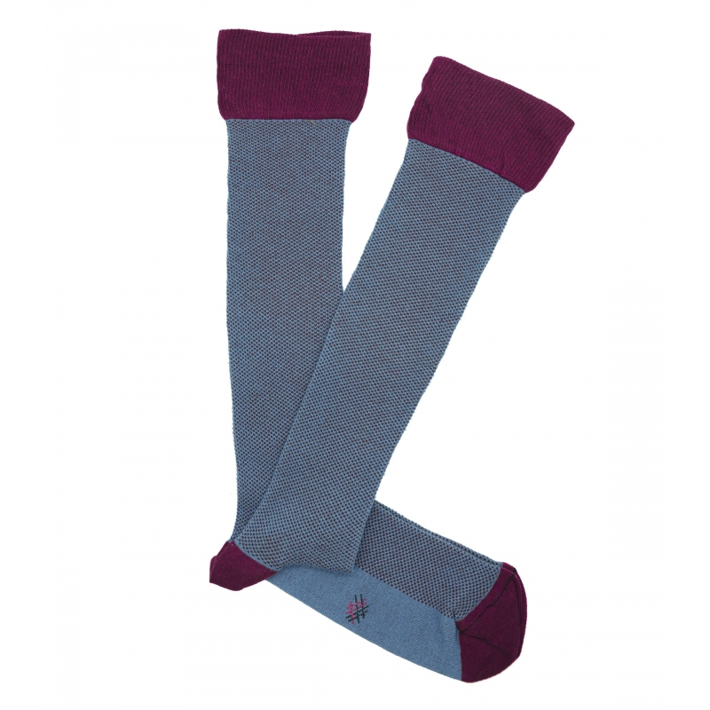 Light Blue and Burgundy Bird's Eye Knee High Socks