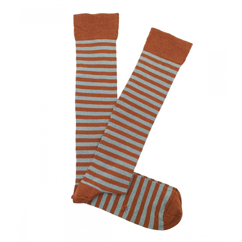 Light Blue and Brick Red Striped Knee High Socks