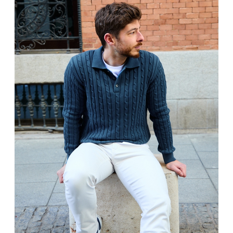 Hostess Cotton Cable Knit Polo Sweater