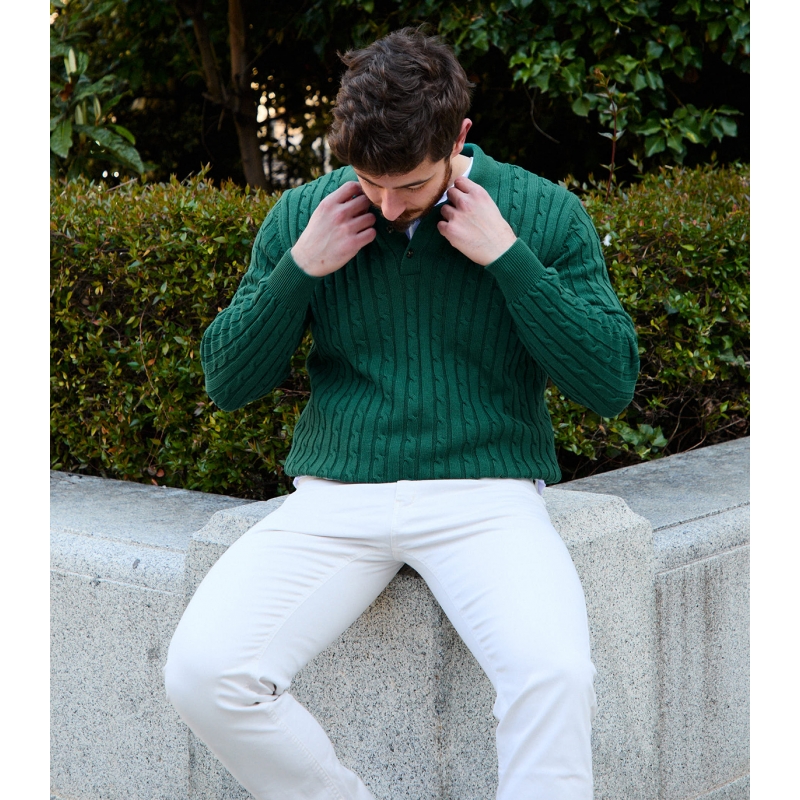 Bottle Cotton Cable Knit Polo Sweater