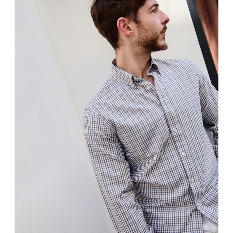 Taupe and Gray Checkered Tencel Cotton Shirt