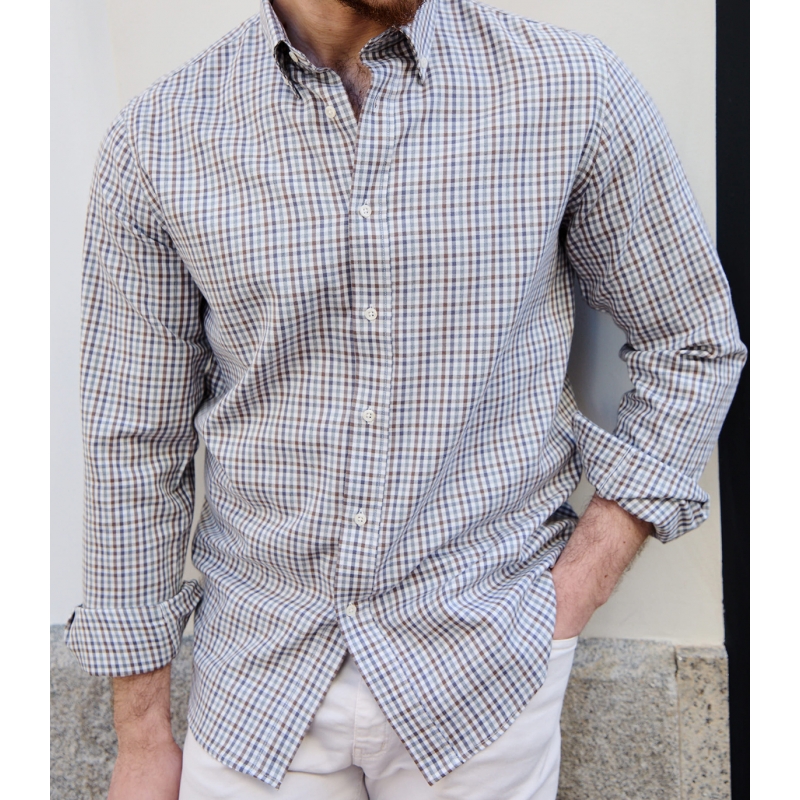Taupe and Gray Checkered Tencel Cotton Shirt
