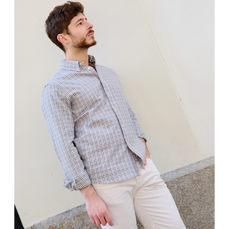 Camisa Cuadros Topo Y Gris Algodón Tencel