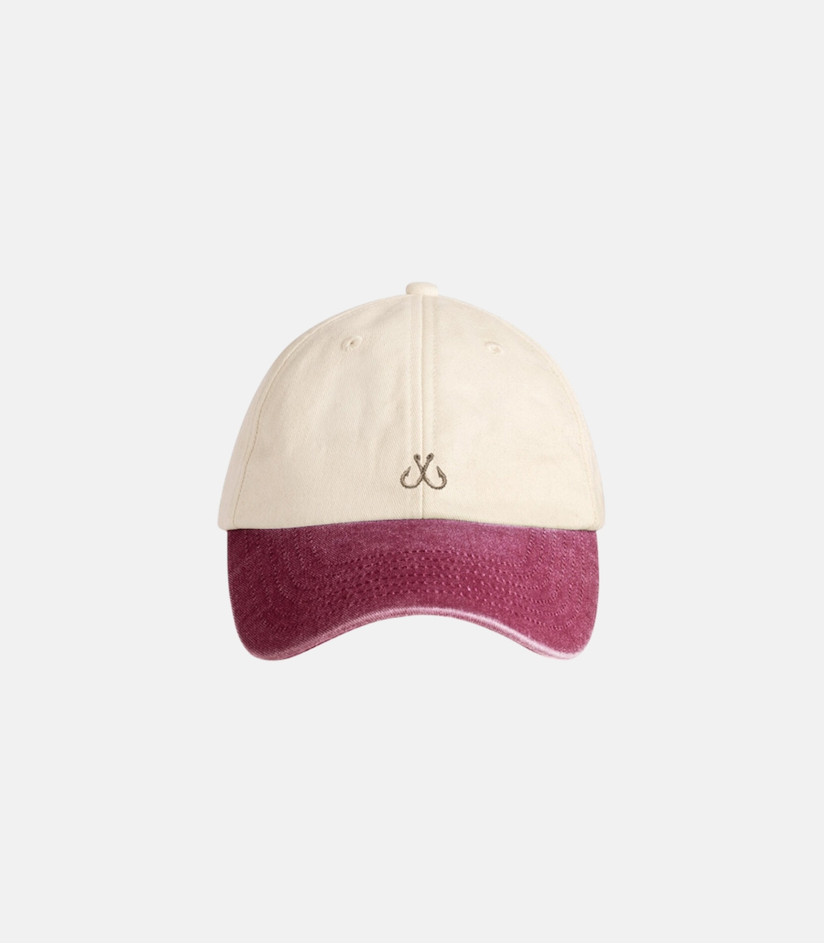 Beige and burgundy hook cap with embroidered hooks