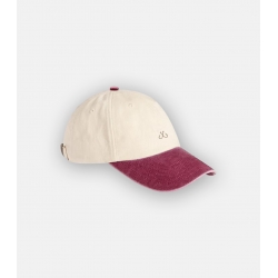 Beige and burgundy hook cap with embroidered hooks