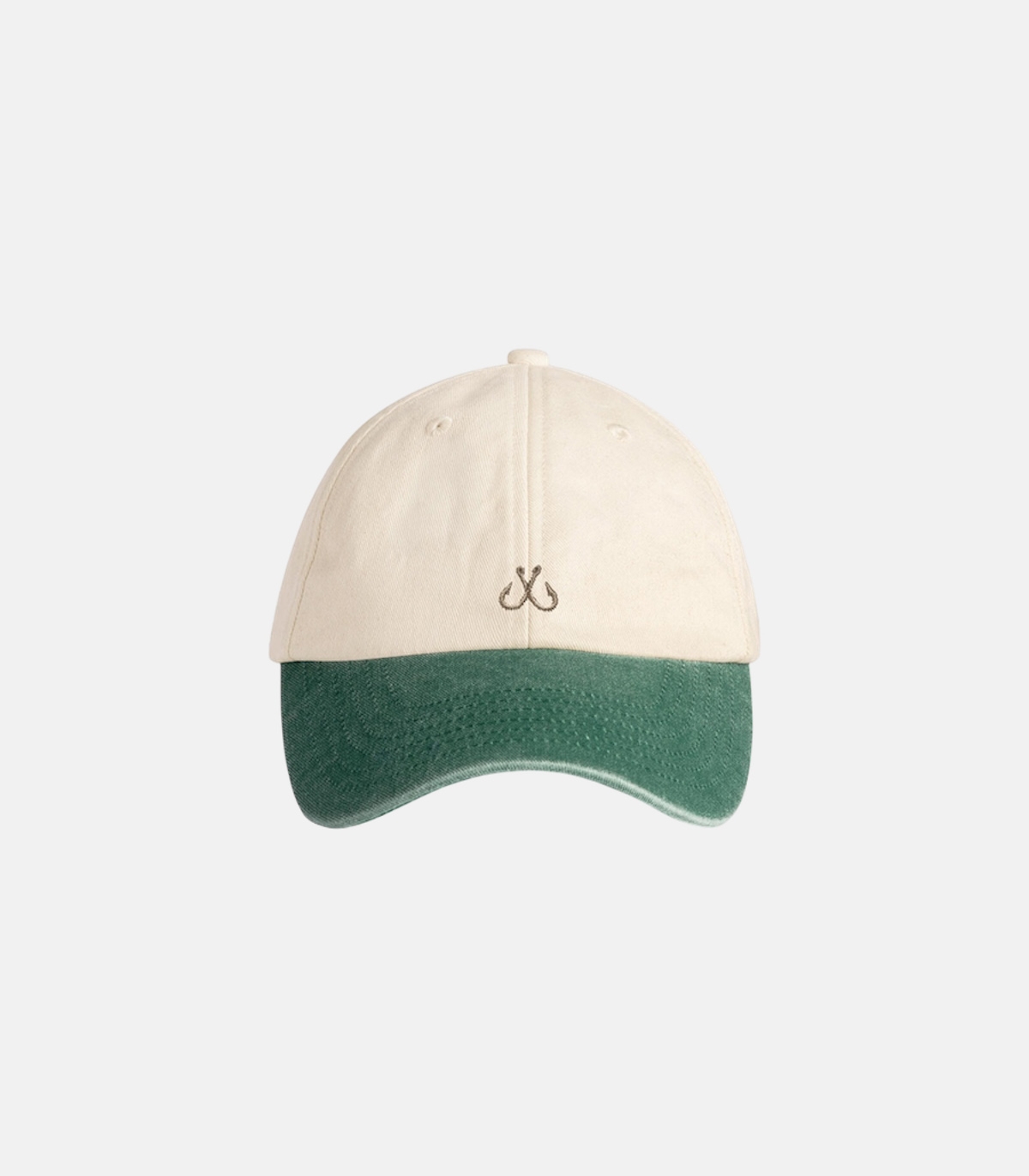 Beige and green hook cap with embroidered hooks