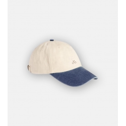 Beige and blue hook cap with embroidered hooks
