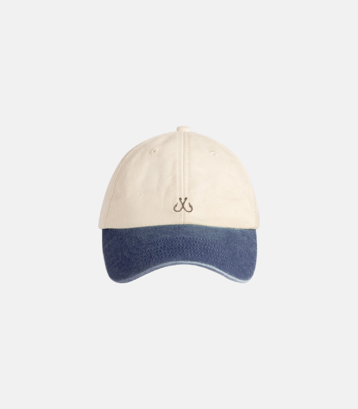 Beige and blue hook cap with embroidered hooks