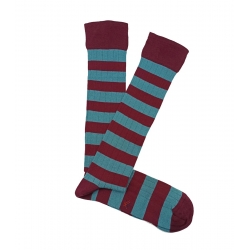 Burgundy And Light Blue Striped Ribbed Knee High Socks