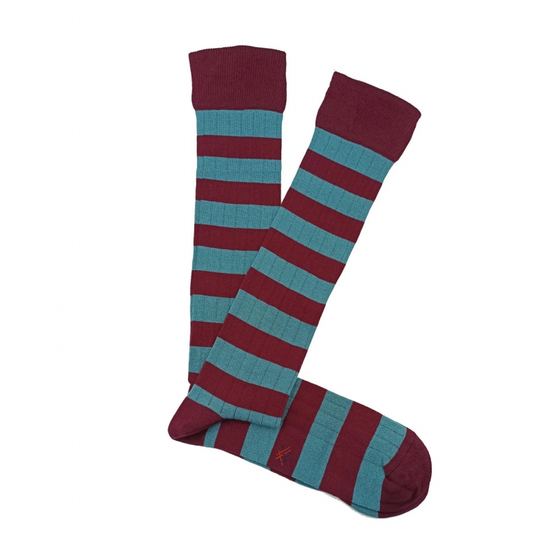 Burgundy And Light Blue Striped Ribbed Knee High Socks