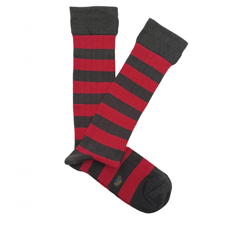 Gray and Red Striped Ribbed Knee High Socks